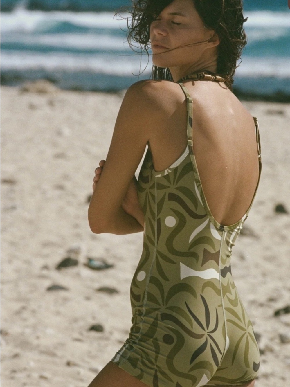 Abysse Olive Green Retro Pattern One-Piece Swimsuit sz XL Hawkins- Canopy